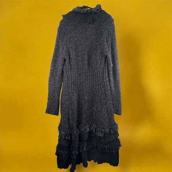 Pretty Angel Y2K Elegant Black Ruffled Crocheted V-Neck Sweater Dress M Linen - Picture 3 of 7